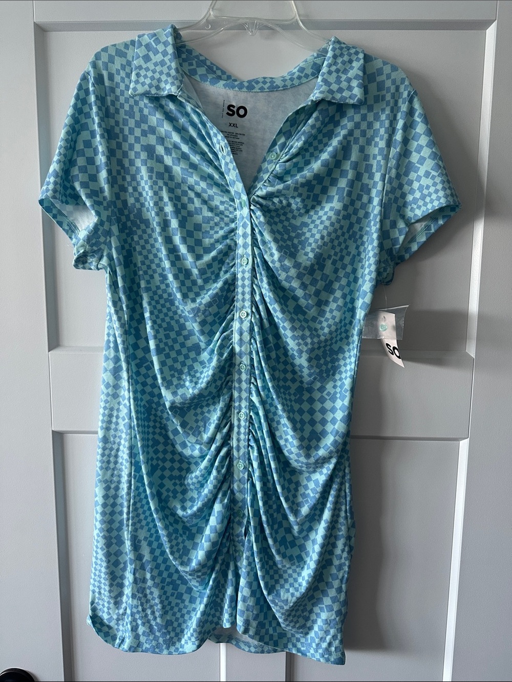 SO Light Blue Check Ruched Button-Front Chemise